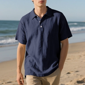 Polo homme en lin bleu marine à manches courtes avec col classique pour les vacances