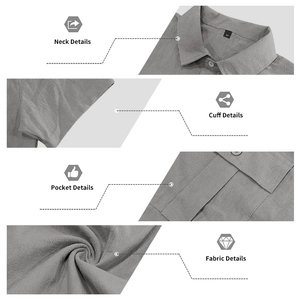 Detail view of grey linen shirt fabric texture, buttoned chest pocket and collar design