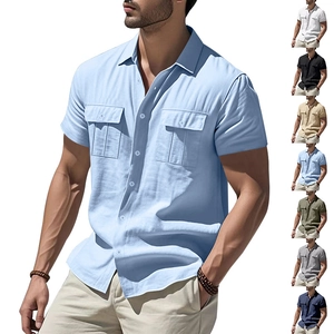 Men's casual linen short sleeve shirt with buttoned flap pockets in eight available colors