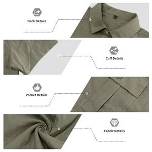 Detailed views of army green men's linen shirt collar, pocket, cuff and textured fabric