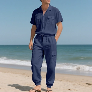 Conjunto de lino azul marino para hombre con camisa de manga corta y pantalón