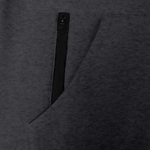 Detailed close-up of grey fleece fabric with high-quality black functional zipper pocket