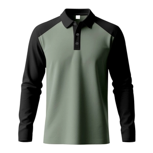 Détail d'un polo bicolore avec corps vert, manches raglan noires et patte de boutonnage