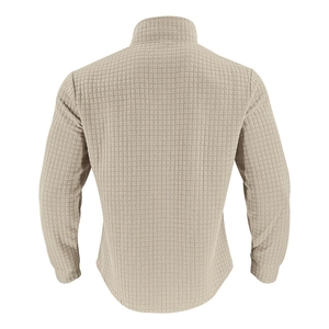 Rear view of khaki men's waffle textured sweatshirt with stand collar and athletic cut