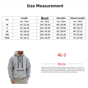 Size chart for men's fleece hoodie showing measurements for M to XXXL in CM and INCH