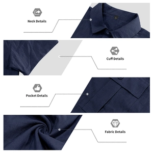 Detail view showing lapel collar, chest pocket and textured navy linen fabric of the shirt