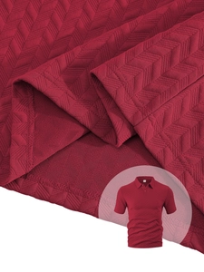 Detail of burgundy polo shirt featuring a textured chevron knit pattern and fabric weave