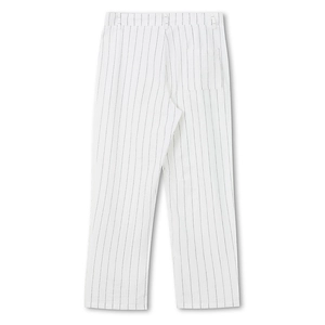Detailed back view of men's white linen trousers with thin black vertical stripes and pocket