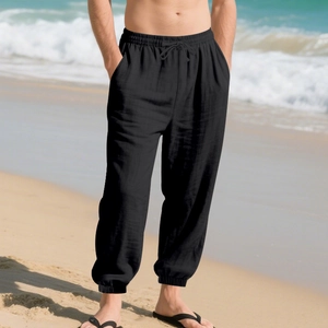 Men's casual black linen jogger pants with adjustable drawstring for beach wear