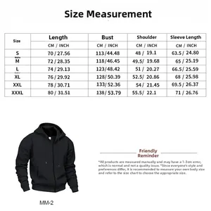 Detailed size guide table for men waterproof hooded sweatshirt with CM and IN measurements