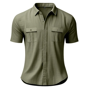 Detail of army green linen short sleeve shirt with buttoned chest pockets and collar