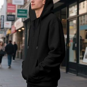 Close-up of black hooded sweatshirt featuring high-quality metal zipper and side pockets