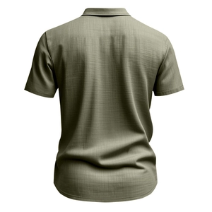 Detailed back view of a men's olive green linen short sleeve shirt with subtle textures
