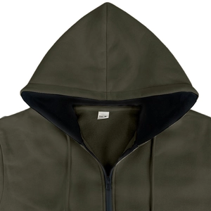 Detailed close-up of dark olive green hoodie zipper and drawstring with Size M label