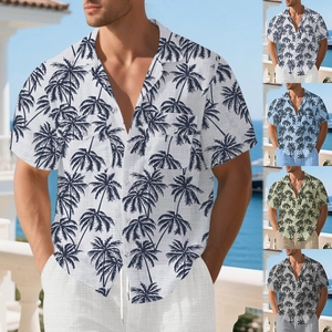 Men's loose linen-blend Hawaiian shirt with retro black coconut tree print in four colors