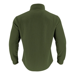 Detail of olive green fleece jacket showing waffle texture and high stand collar back