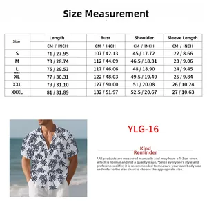 Detailed size guide with measurements for men's short sleeve linen-like Hawaiian shirt
