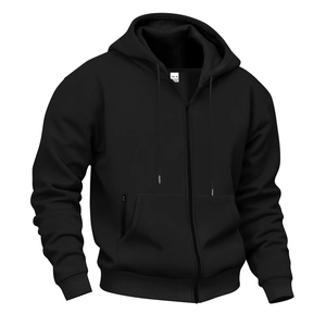 Detailed view of black hooded sweatshirt showing waterproof zipper and pocket texture