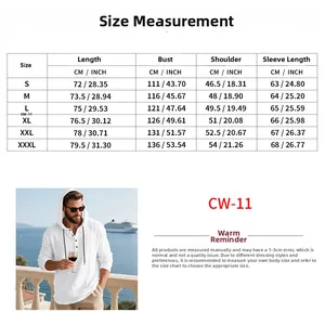 Detailed size chart for men's hooded linen shirt showing S to 3XL measurements