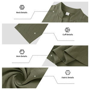 Dettaglio della camicia Henley da uomo in misto lino verde militare, trama del tessuto e collo