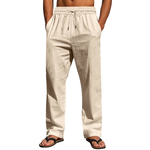 Detailed texture of men's breathable linen trousers with drawstring waist and side pockets