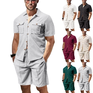 Men's summer waffle knit set with button-down shirt and shorts in various colors