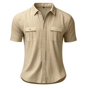 Detail of khaki linen shirt featuring breathable textured fabric and symmetric button pockets