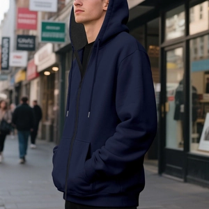 Men's navy blue zip-up hoodie featuring detailed drawstring hood and ribbed cuffs