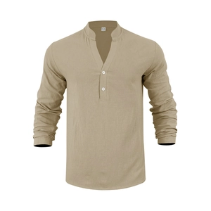 Macro view of khaki linen Henley shirt fabric texture and V-neck with white buttons