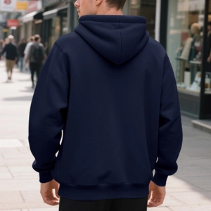 Rear view detail of dark blue men's zip-up hoodie featuring ribbed cuffs and hood