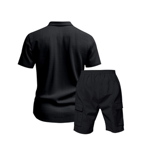 Detaillierte Ansicht des Herren-Leinensets mit Cargo-Shorts und Kurzarm-Hemd in Schwarz