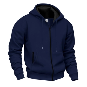 Detail view of navy blue waterproof hoodie with metal zipper and adjustable drawstring