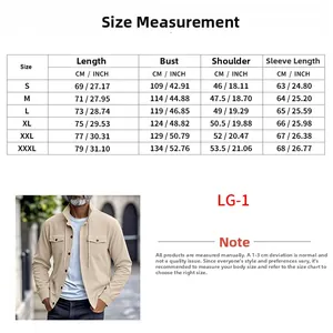 Detaillierte Größentabelle für Herren Cordjacke mit Maßen in cm und Zoll