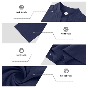 Dettagli camicia di lino blu navy che mostrano il collo alla coreana, cuciture e tessuto