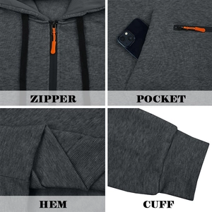 Detail view of men's fleece hoodie featuring zip closure, functional pockets and ribbed cuffs