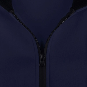 Detail of waterproof zipper and fine texture on navy blue hooded sweatshirt