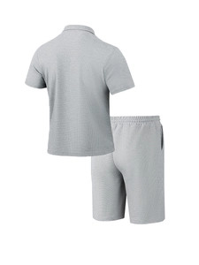 Back view of gray waffle knit shirt and shorts set with breathable honeycomb texture