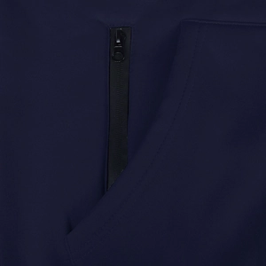 Detailed close-up of the waterproof zipper pocket on a dark blue men's functional hoodie