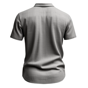Back view of a grey linen short sleeve shirt for men with breathable slub texture