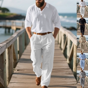 Ανδρικό λινό casual σετ με μακρυμάνικη μπλούζα Henley και ασορτί παντελόνι σε λευκό χρώμα