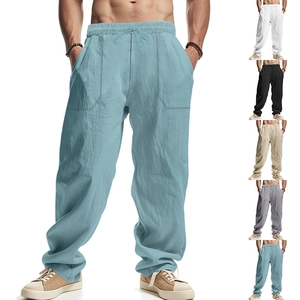 Men Casual Linen Pants Loose Breathable Solid Color Wide Leg Trousers With Large Pockets Elastic Waist Drawstring Summer Bottoms