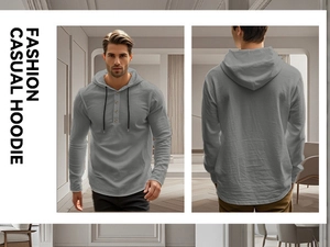 Detail of grey men's linen hoodie showing henley button placket and breathable fabric texture