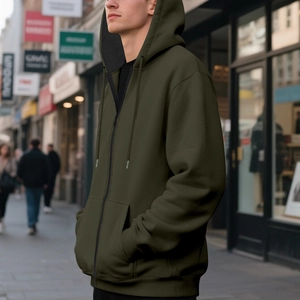 Detail of army green hoodie showing waterproof zipper and adjustable drawstring hood