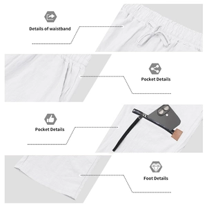 Detailed views of men's linen pants showing drawstring waist, side pockets and zip pocket