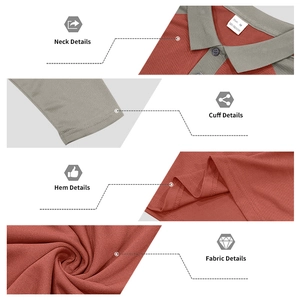 Détails du polo rouge brique montrant le col gris contrasté et le tissu en maille fine