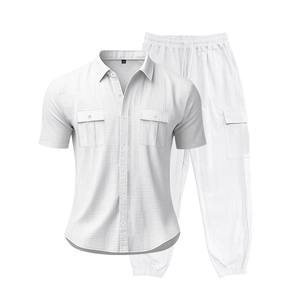 Conjunto de lino blanco para hombre con camisa de manga corta y pantalón cargo