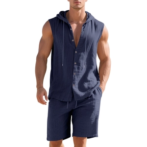 Herren Sommer-Set aus Leinen mit ärmellosem Kapuzenhemd und Tunnelzug-Shorts in Dunkelgrau