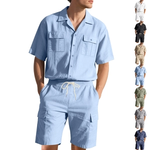 Herren Sommer-Set aus Baumwolle und Leinen, Kurzarmhemd und Cargo-Shorts in vielen Farben