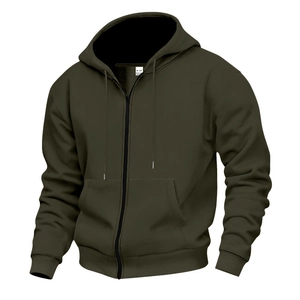 Detail showing olive green hoodie with black adjustable drawstrings and metallic zipper