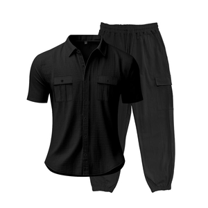 Conjunto casual de dos piezas para hombre con camisa de lino negra y pantalón cargo, talla M